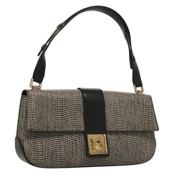 Salvatore Ferragamo Gancini Shoulder Bag Leather Black Brown Auth 134093